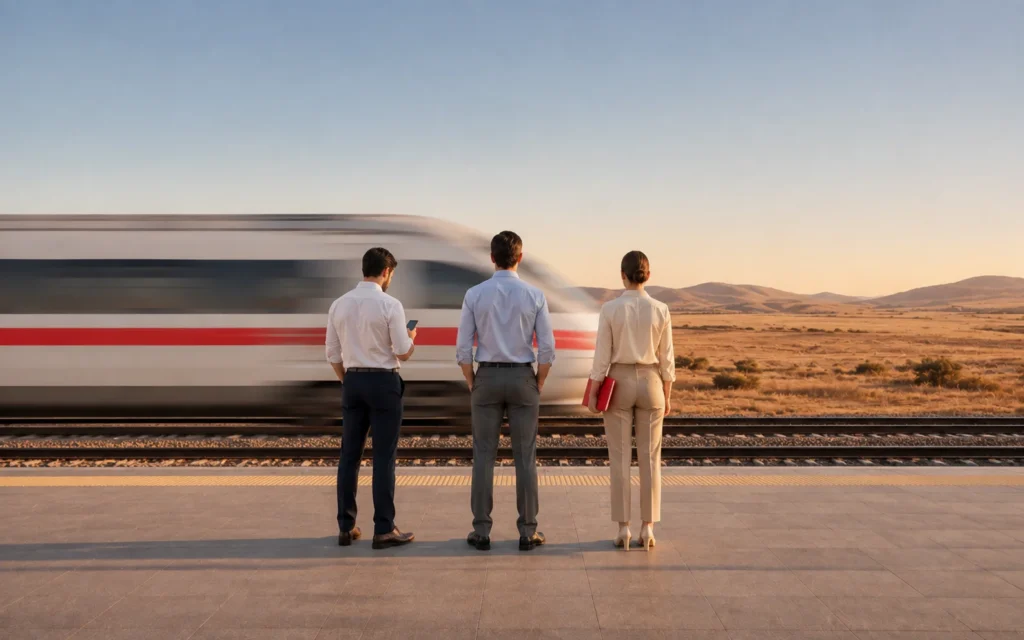 personas viendo un tren pasar a alta velocidad